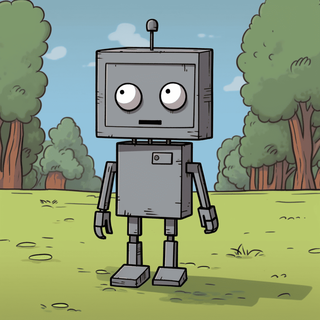 A grey square robot with two eyes and a simple smile, feeling rejected and dejected. The robot is standing alone, with its head slightly lowered. The background showcases the same park, but now empty and devoid of children, emphasizing the robot's loneliness. In a comic book style