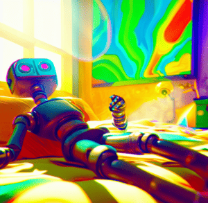 a robot tripping on LSD in a bedroom laying on a bed, sunny and colorful room 4k