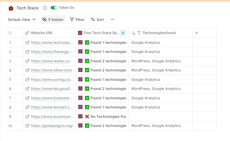 Clay Find Tech Stack by Domain output
