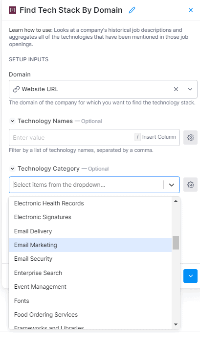 Find Tech Stack by Domain add category