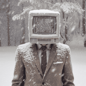 Office worker standing in snow with a head in the form an old computer screen