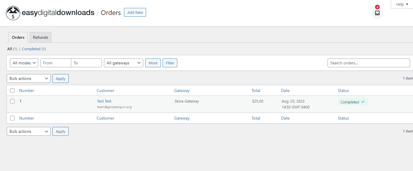 Easy Digital Downloads order list
