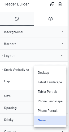 breakdance header builder settings