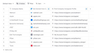table containing Instagram links