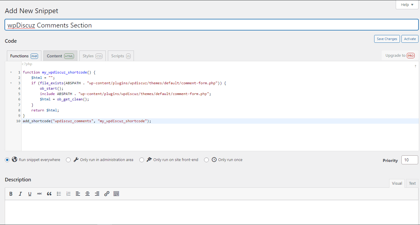 Breakdance wpdiscuz code snippet