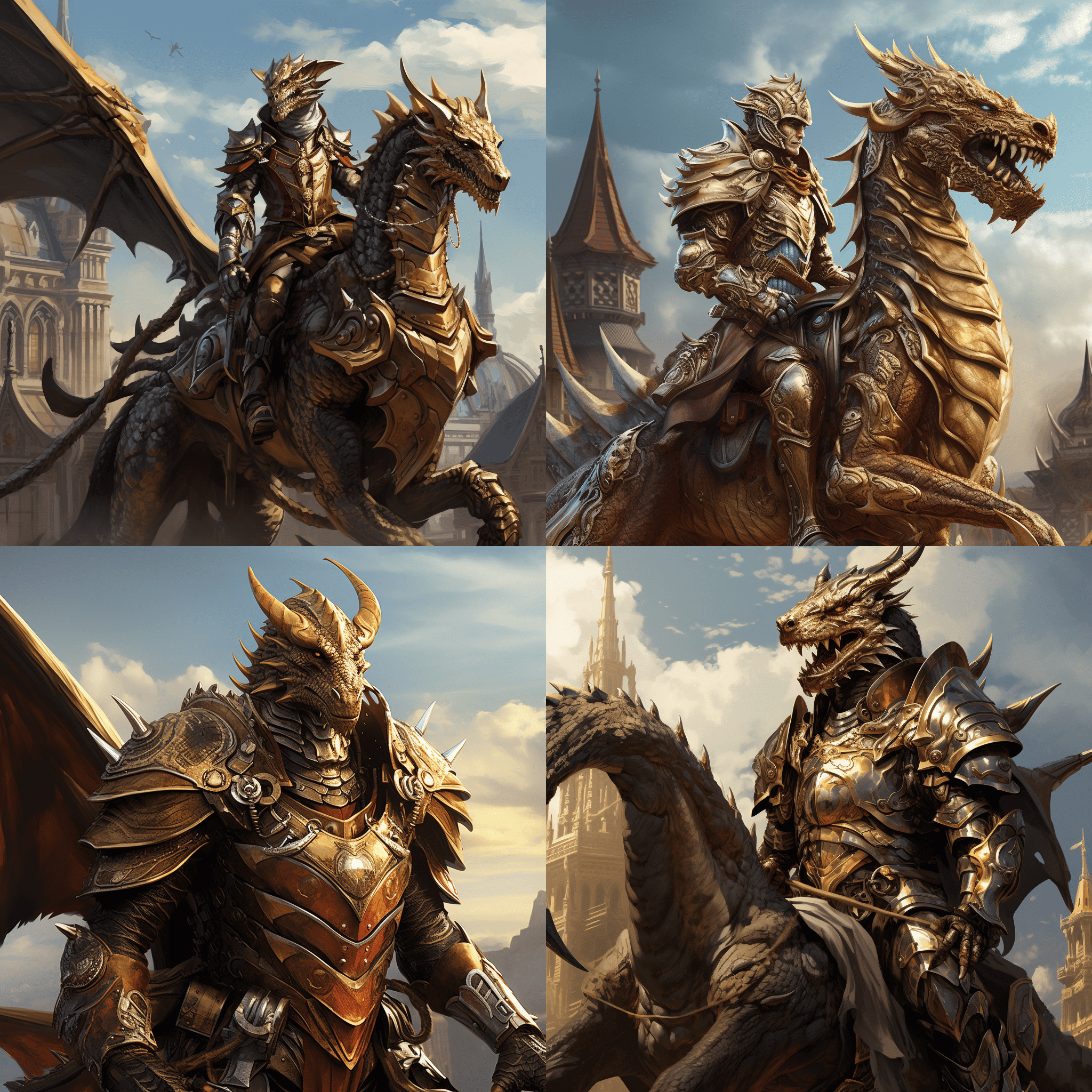 A noble knight from a steampunk realm, clad in leather armor and brass, riding a mechanical dragon