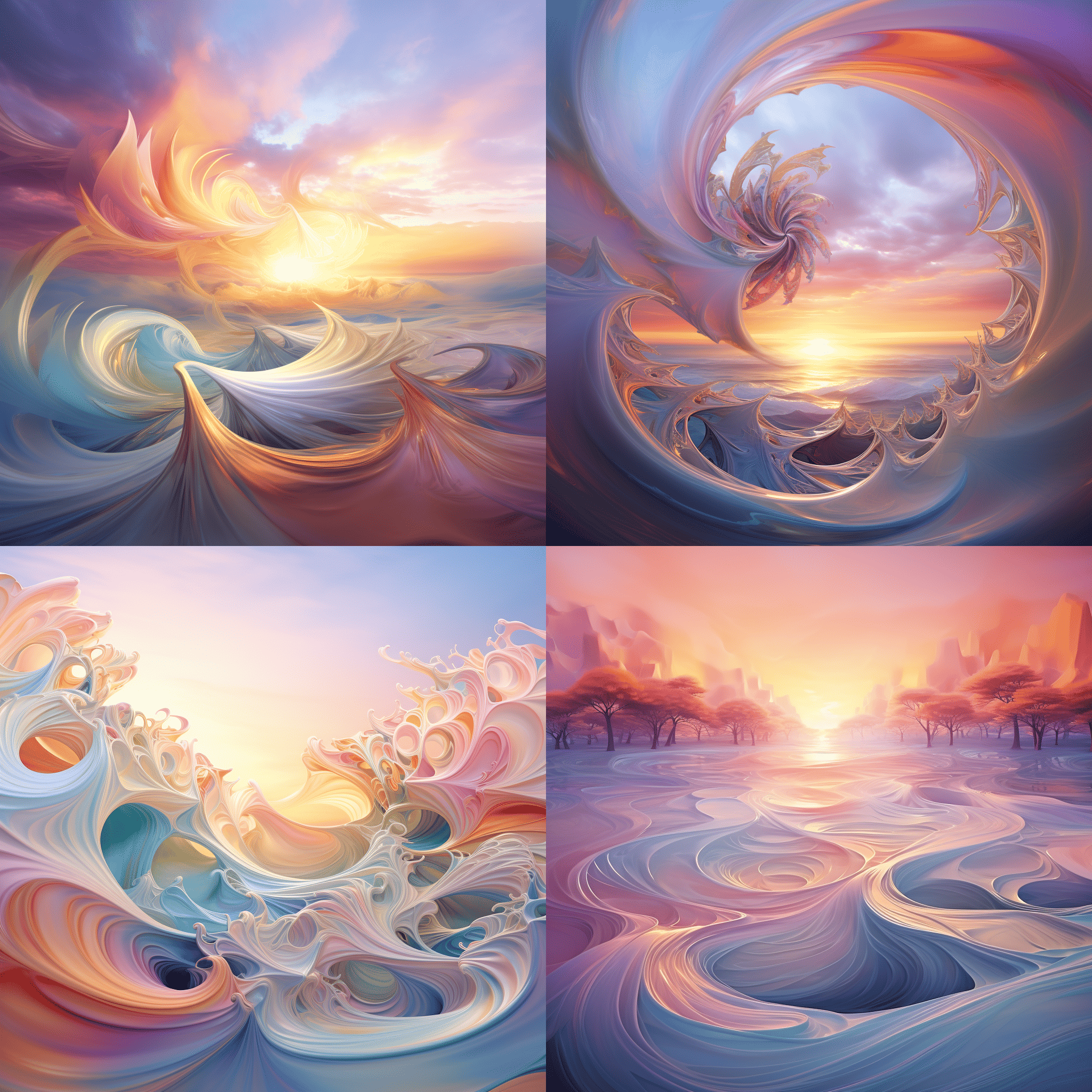 A swirl of pastel colors gently colliding, embodying the serenity of a morning sunrise. Set --iw 1.5 --stylize 70