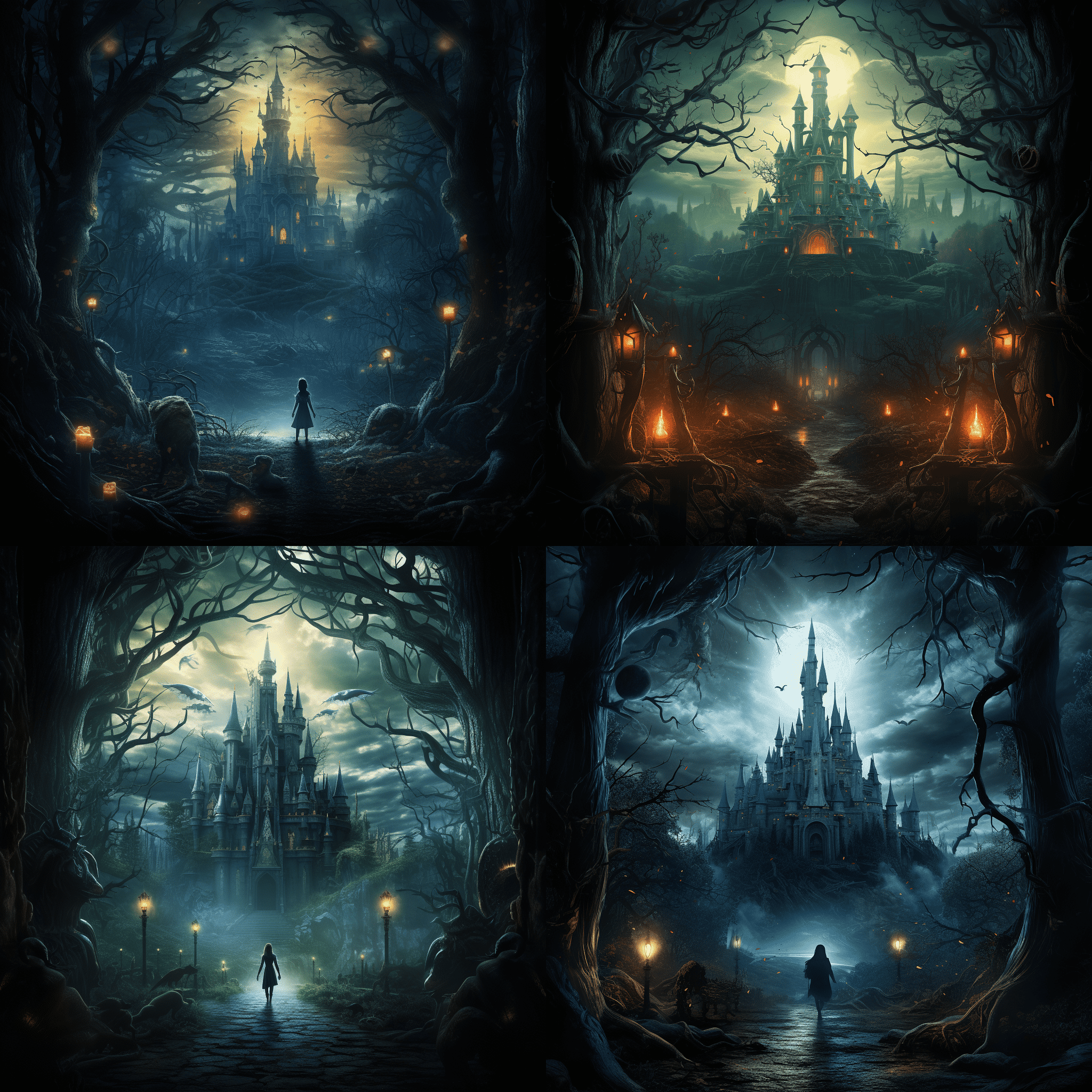 An enchanting movie poster for a fairy tale, featuring a grand castle, dark woods, and mysterious glowing creatures