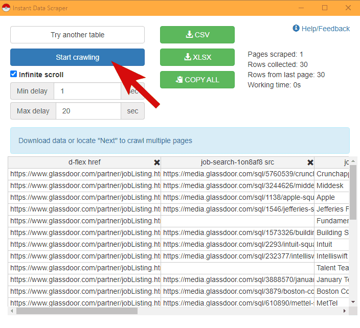 Instant Data Scraper settings