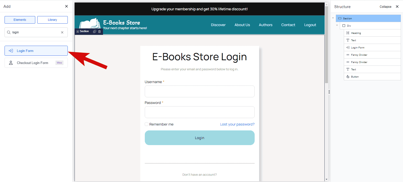 Breakdance login form element