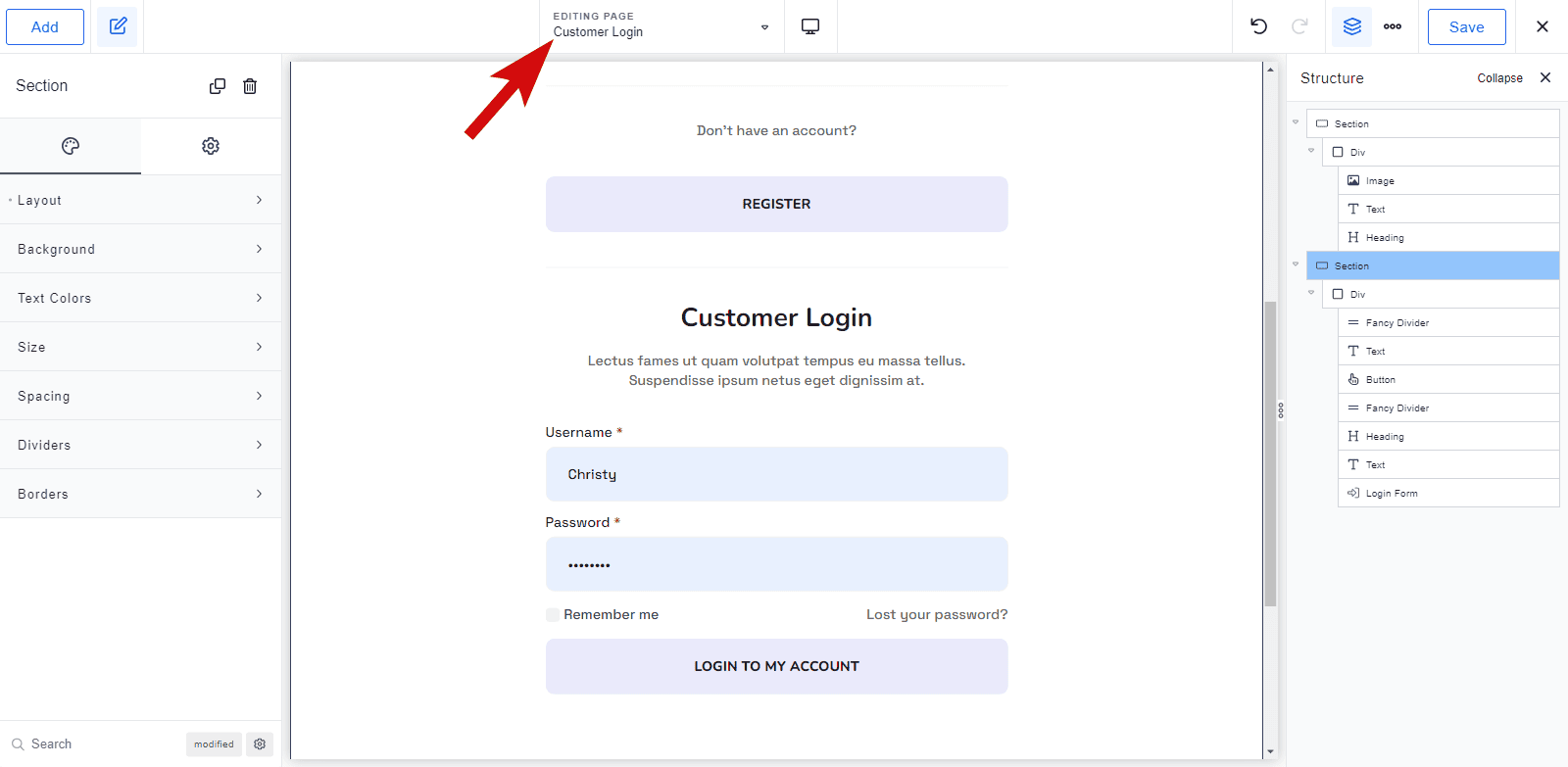 add Breakdance login form