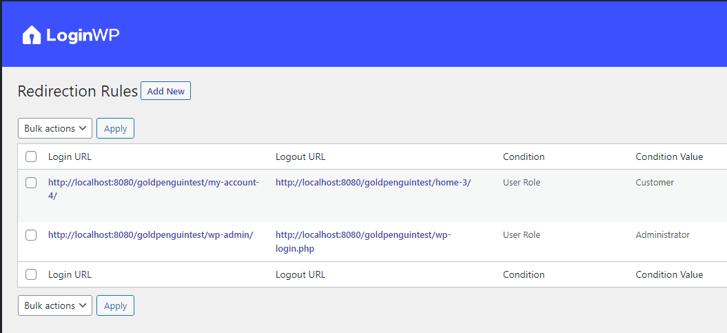 LoginWP redirection rules