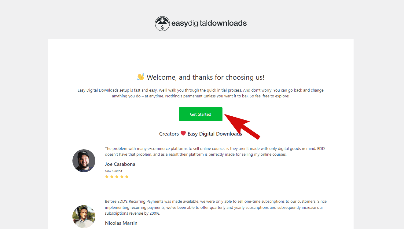 easy digital downloads setup page