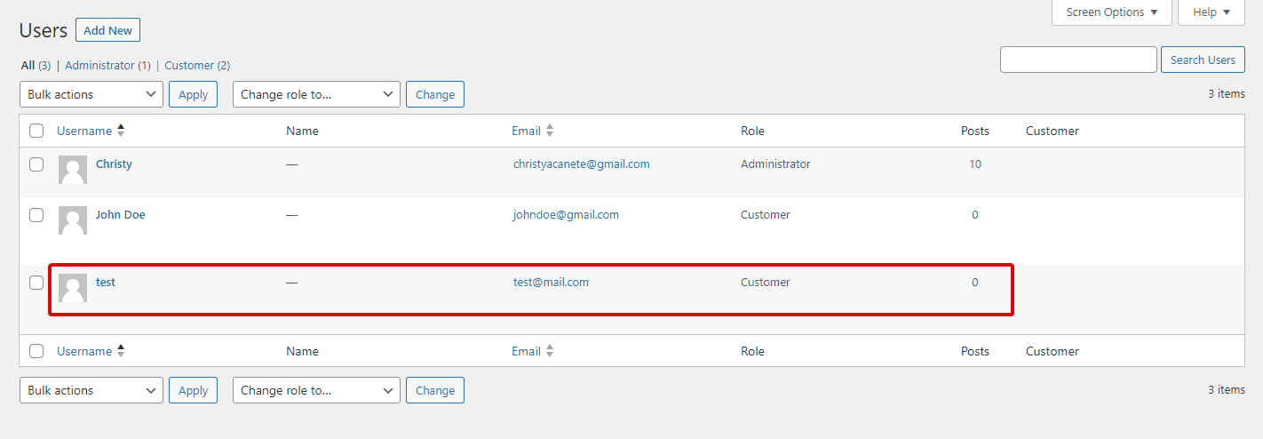WordPress users table