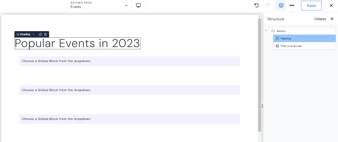create events page in Breakdance