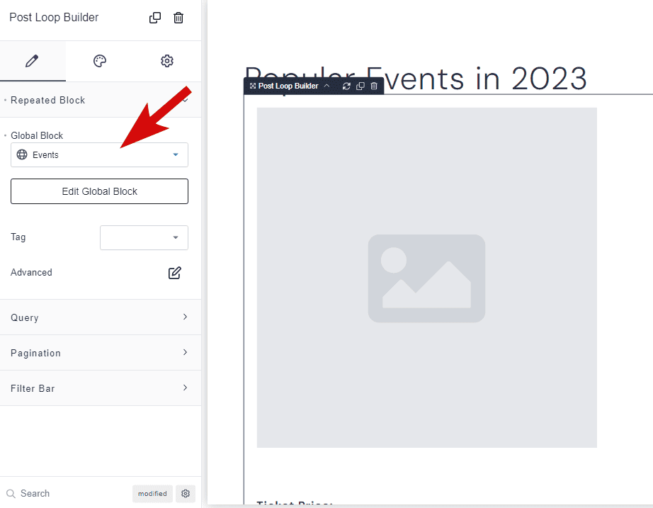 create events page in Breakdance
