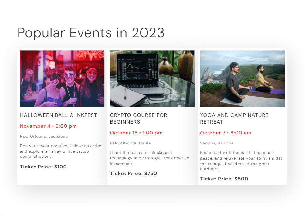 custom events page in Breakdance