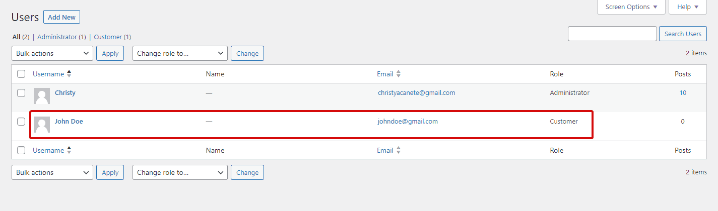 WordPress site list of users