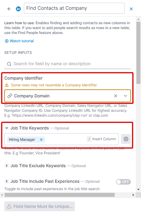 Find Contacts at Company settings