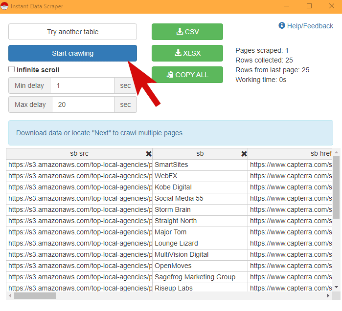 Instant Data Scraper settings