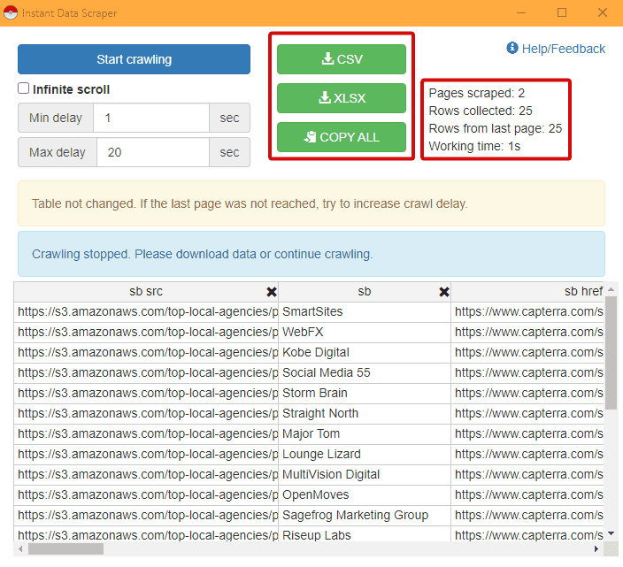 Instant Data Scraper settings