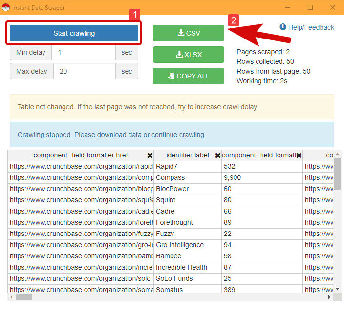 Instant Data Scraper settings