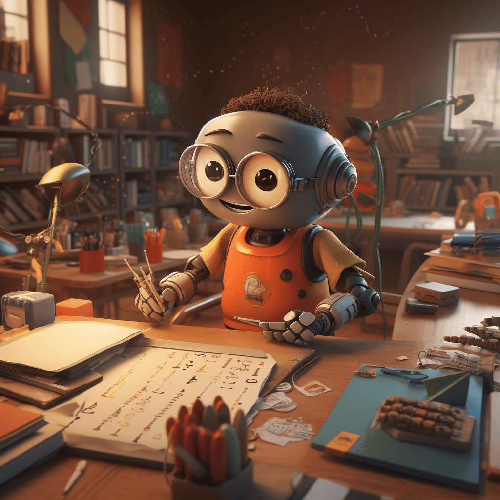 A cute robot sitting at a desk taking an exam in a school classroom as 4k digital art