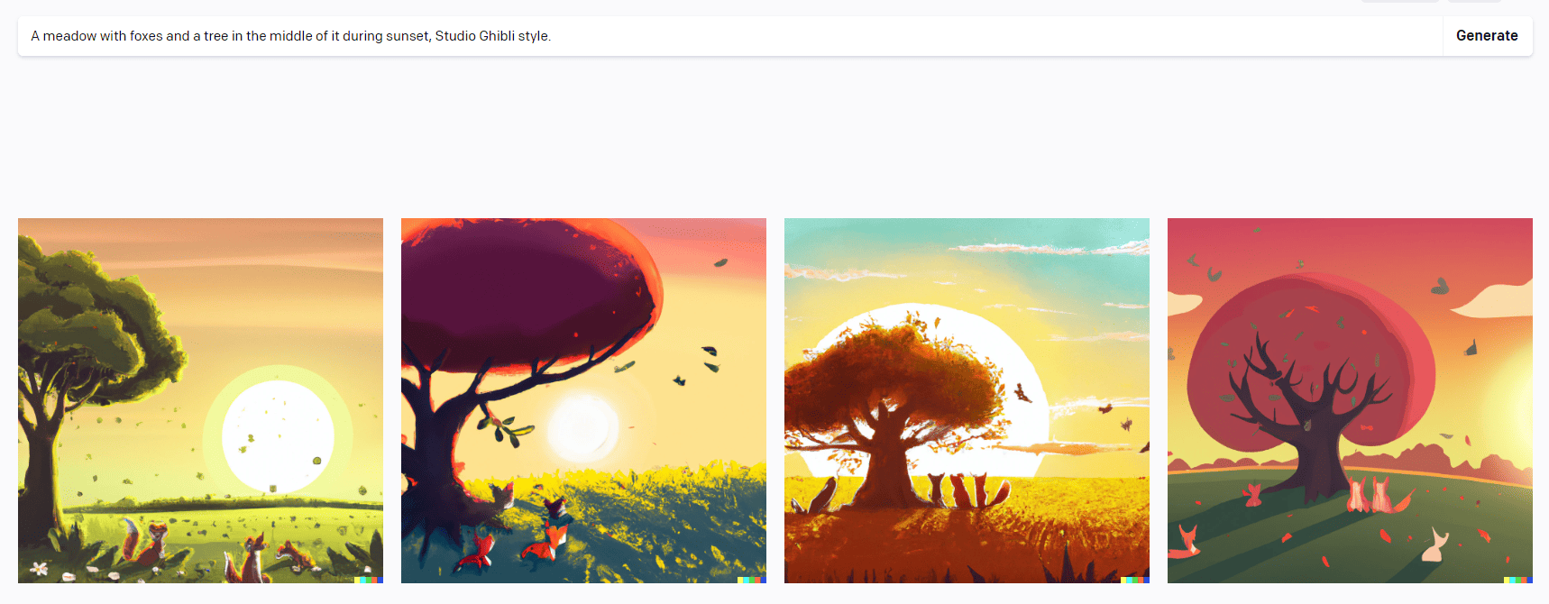 DALL-E 2 Generated Image: Foxes beneath a solitary tree in a meadow.