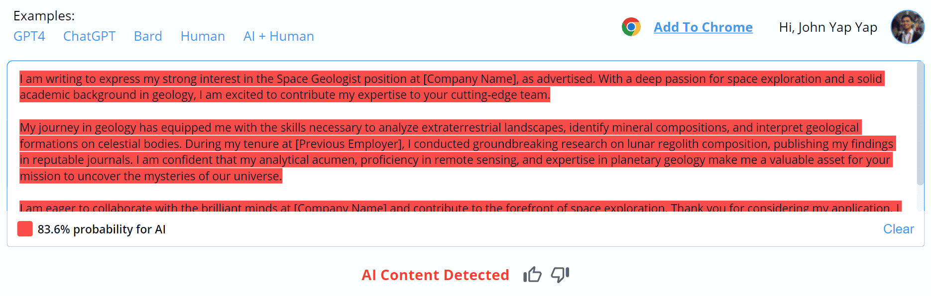 Copyleaks vs. HideMyAI #3: Cover Letter