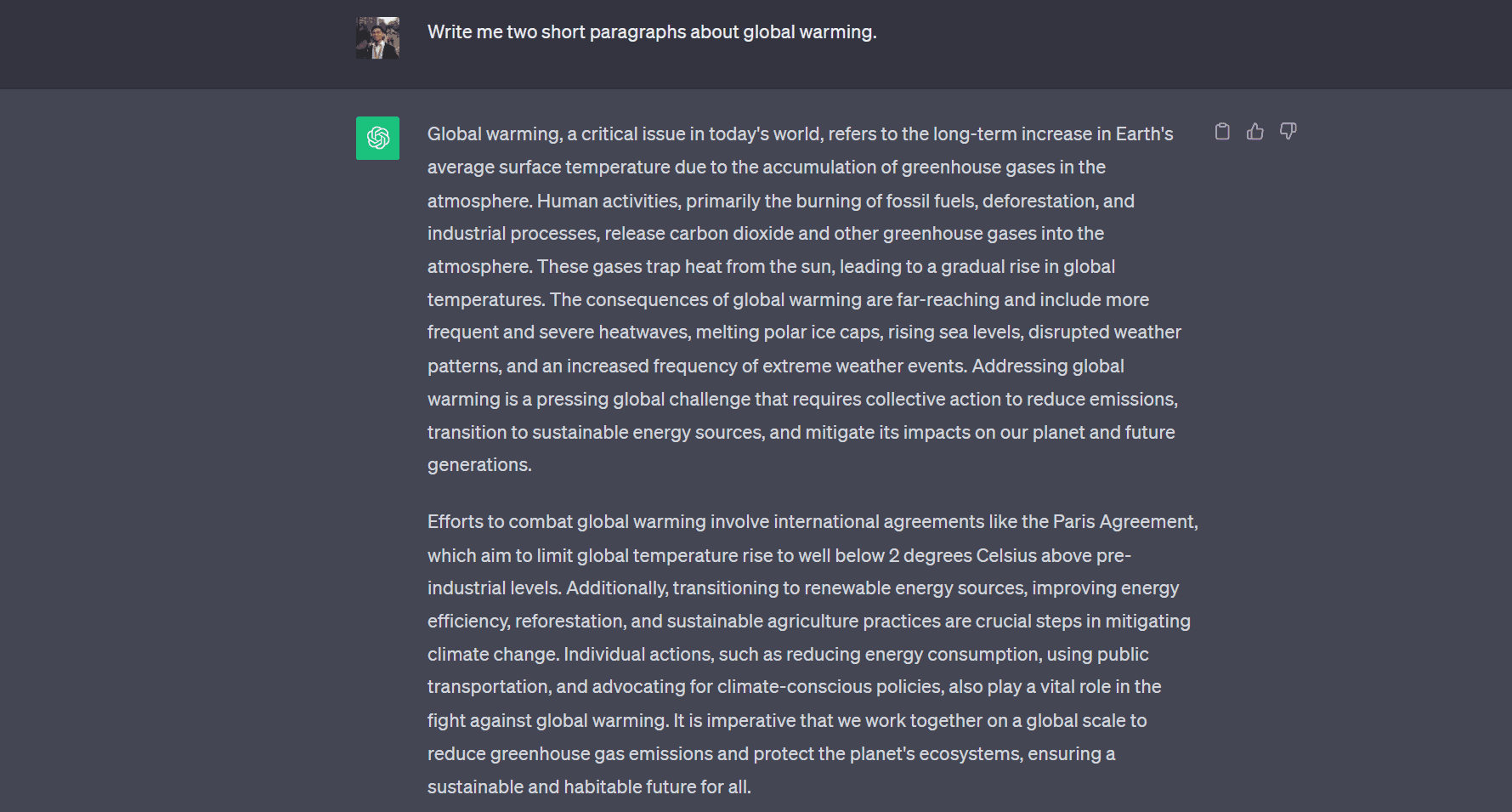 ChatGPT Output about Global Warming for Copyleaks Testing