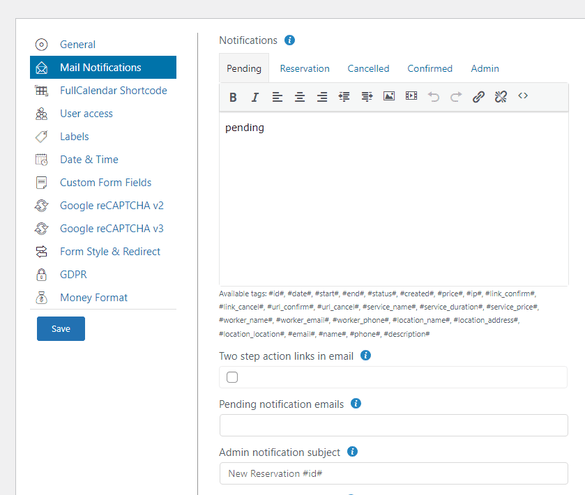 Easy Appointments plugin settings