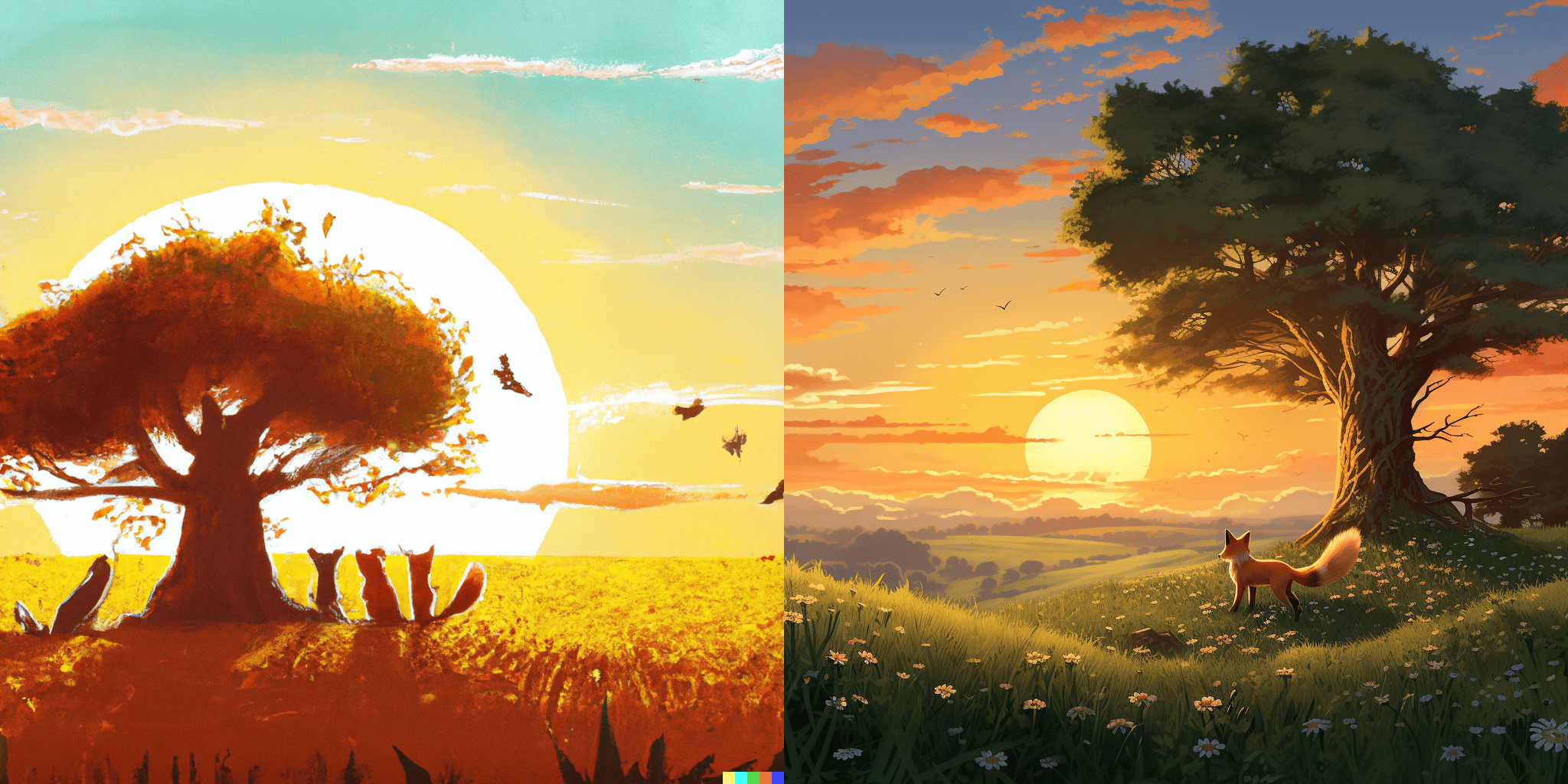 DALL-E 2 vs. Midjourney: Generated image comparison of a meadow with foxes underneath a solitary tree.