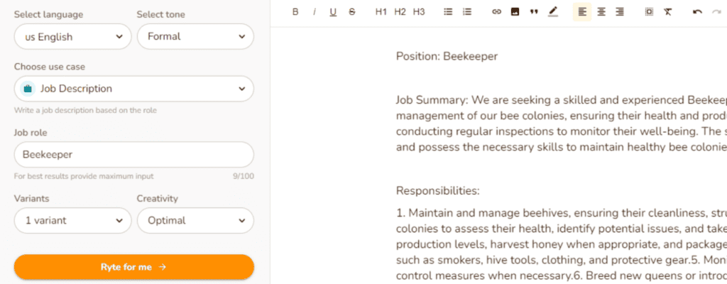 Rytr Feature: Job Description Use Case Output Customization