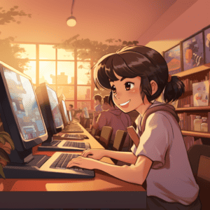 A student typing on a computer in a school classroom, made with Midjourney