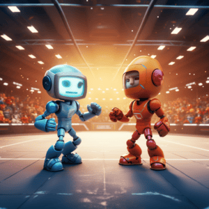 A fight between two robots in a boxing ring, as a cartoon in 4k with a lot of colors, made with Midjourney