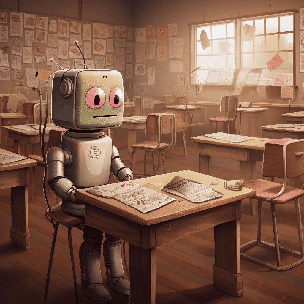 a robot sitting inside a classroom cheating on an exam, as pastel cute digital art