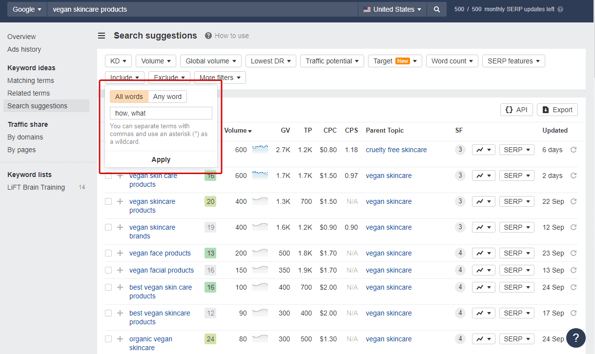 use Ahrefs keyword filters