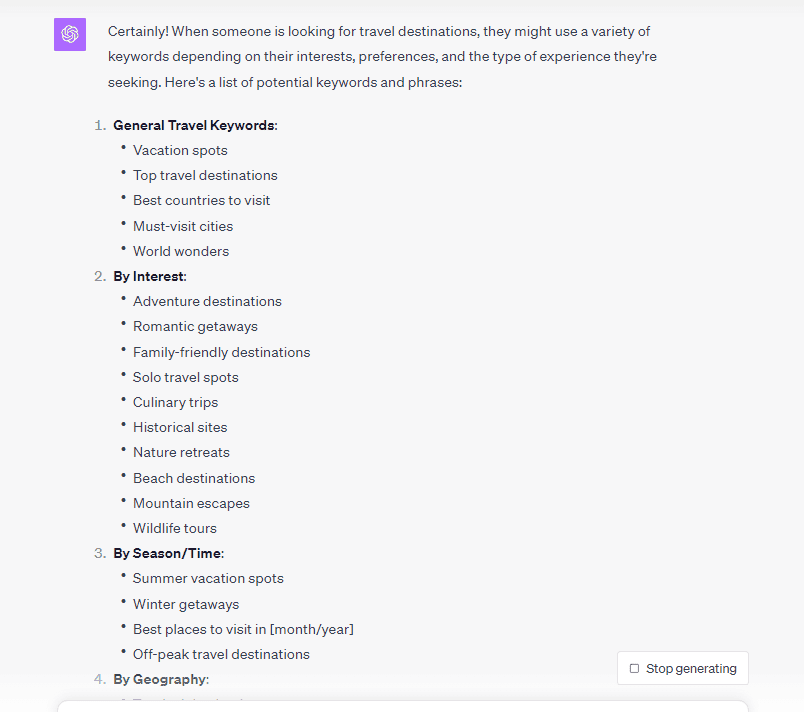 generate keywords list using ChatGPT