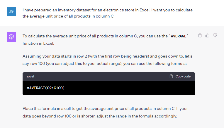 simple Excel formula using ChatGPT