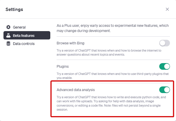 enable ChatGPT Advanced Data Analysis