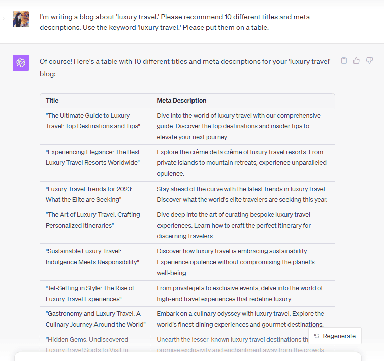 generate titles and meta descriptions using ChatGPT