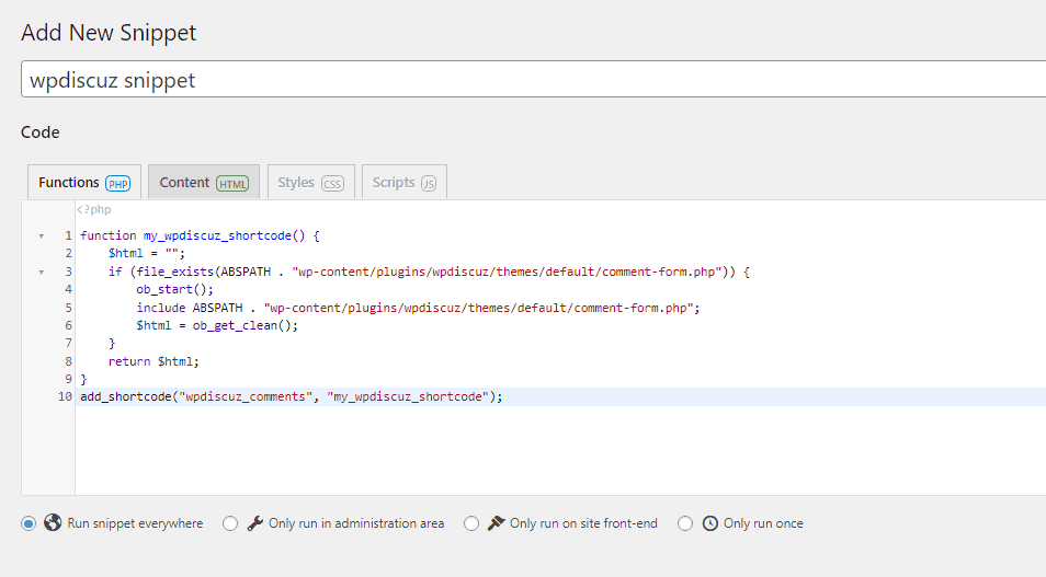 add code snippet on WordPress