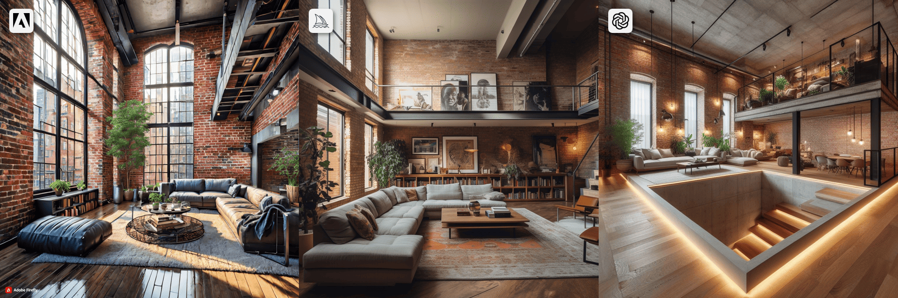 A wide angle view of a stylish brick wall Manhattan-style loft with a sunken living room