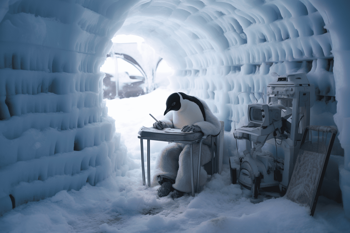 a penguin writing on a typewriter in his ice igloo bedroom