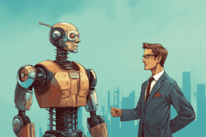a robot and human standing side by side in a cartoonish picture