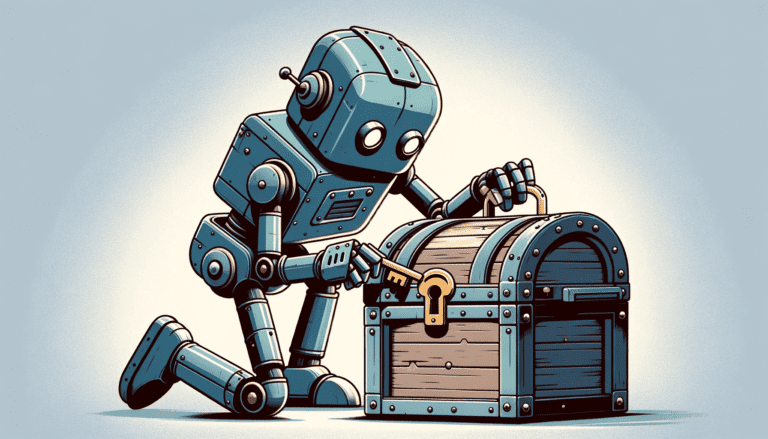 A wide image in a semi-cartoonish, flat art style showing a robot unlocking a chest. Made with DALL-E 3