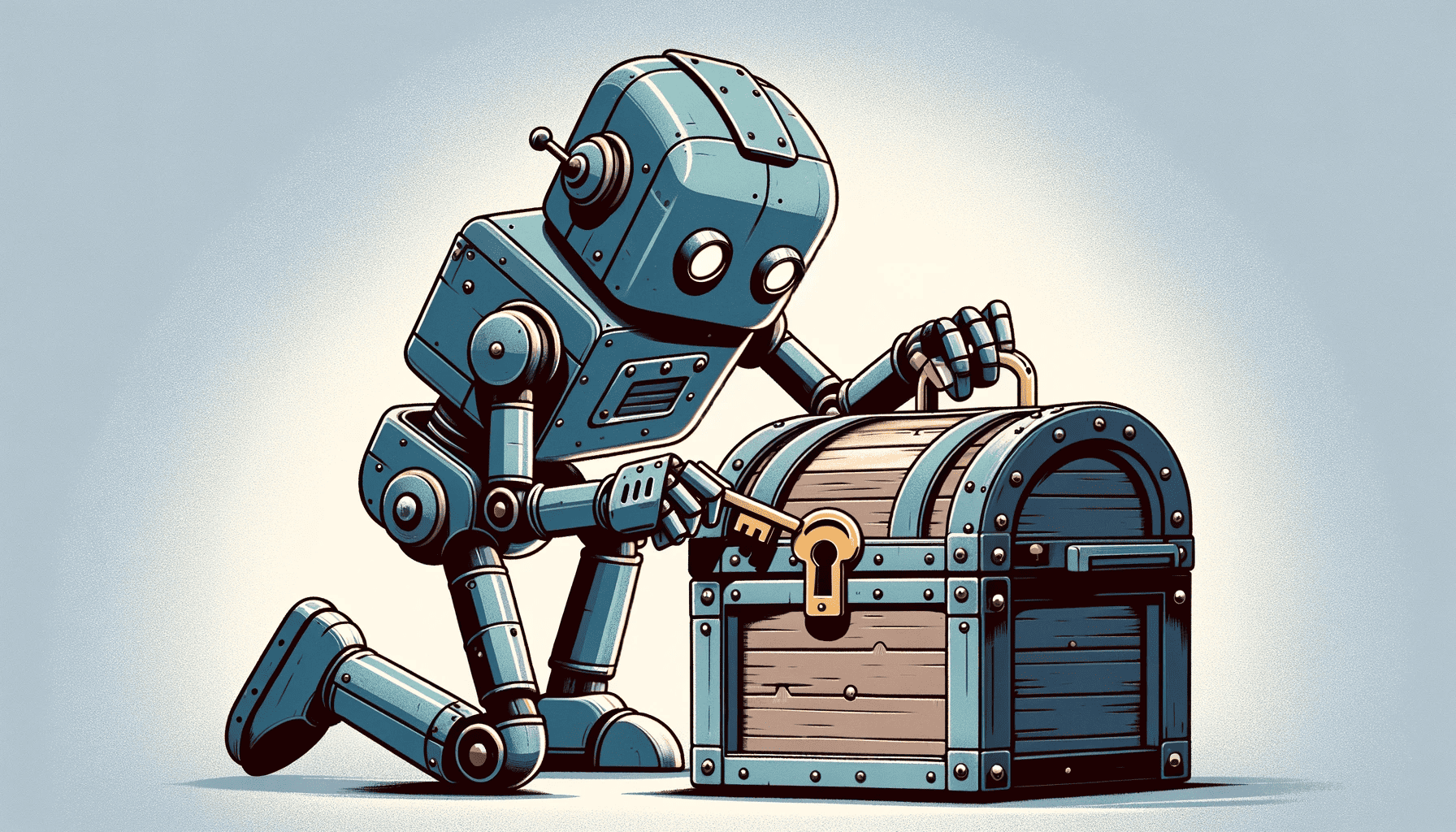 A wide image in a semi-cartoonish, flat art style showing a robot unlocking a chest. Made with DALL-E 3