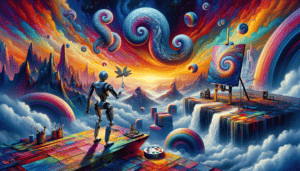 An image of a robot with a sleek, futuristic design, standing in a surreal, abstract landscape