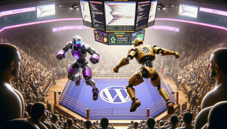 A wide-angle view from slightly above, featuring two robot WordPress characters in a fighting ring. Made with DALL-E 3