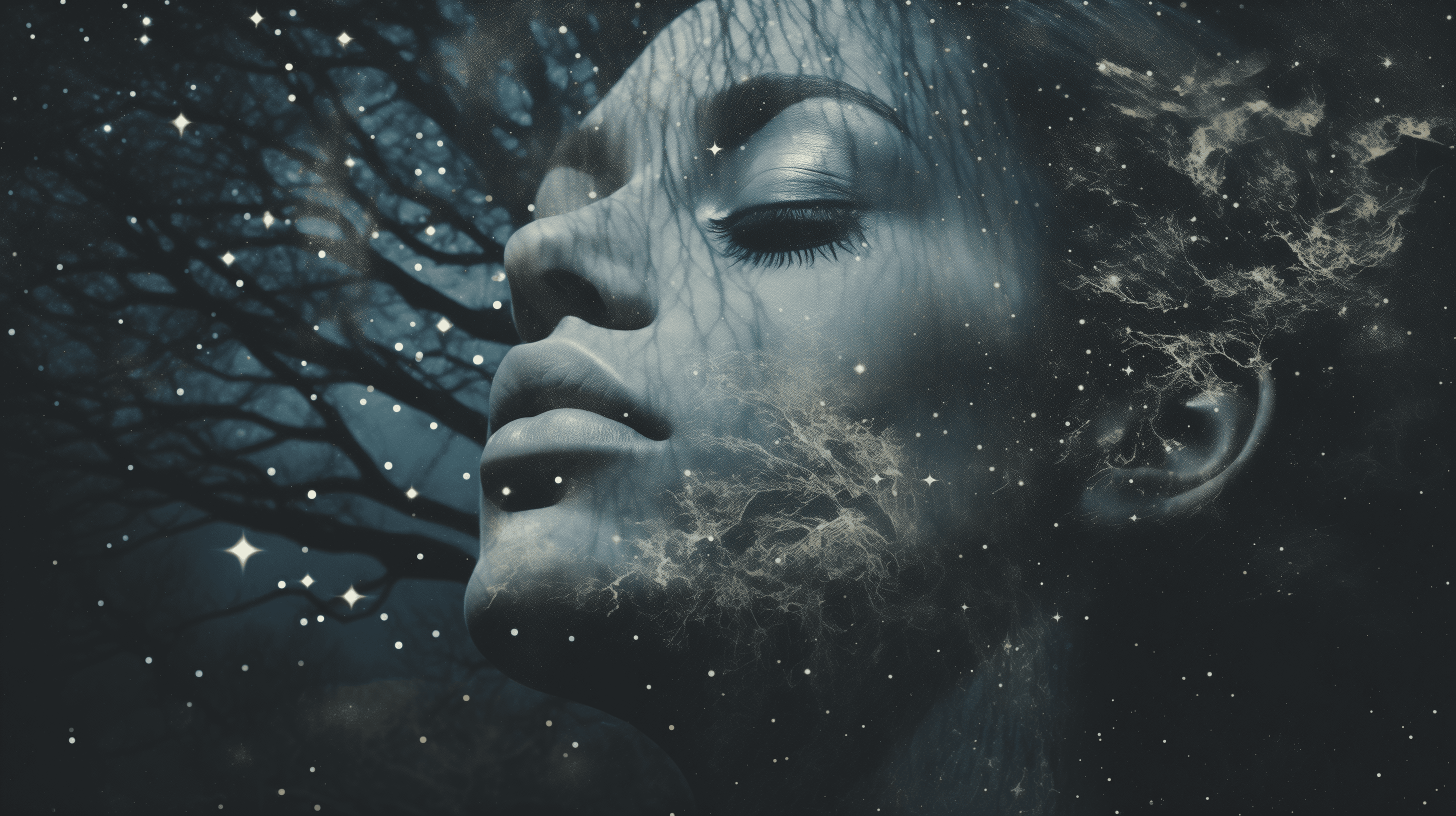 a portrait of a woman superimposed against the universe, generated with AI
